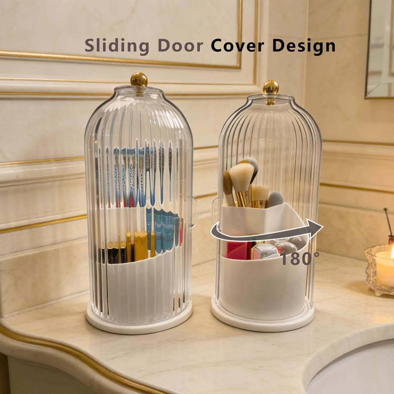 Stylish 3-Slot Toothbrush Holder with Sliding Lid – Modern Bathroom Organizer for Electric Toothbrushes, Toothpaste & Makeup Brushes, 360° Rotating Vanity Storage, Perfect Gift for Any Occasion