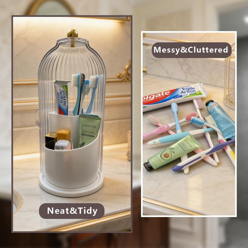 Stylish 3-Slot Toothbrush Holder with Sliding Lid – Modern Bathroom Organizer for Electric Toothbrushes, Toothpaste & Makeup Brushes, 360° Rotating Vanity Storage, Perfect Gift for Any Occasion