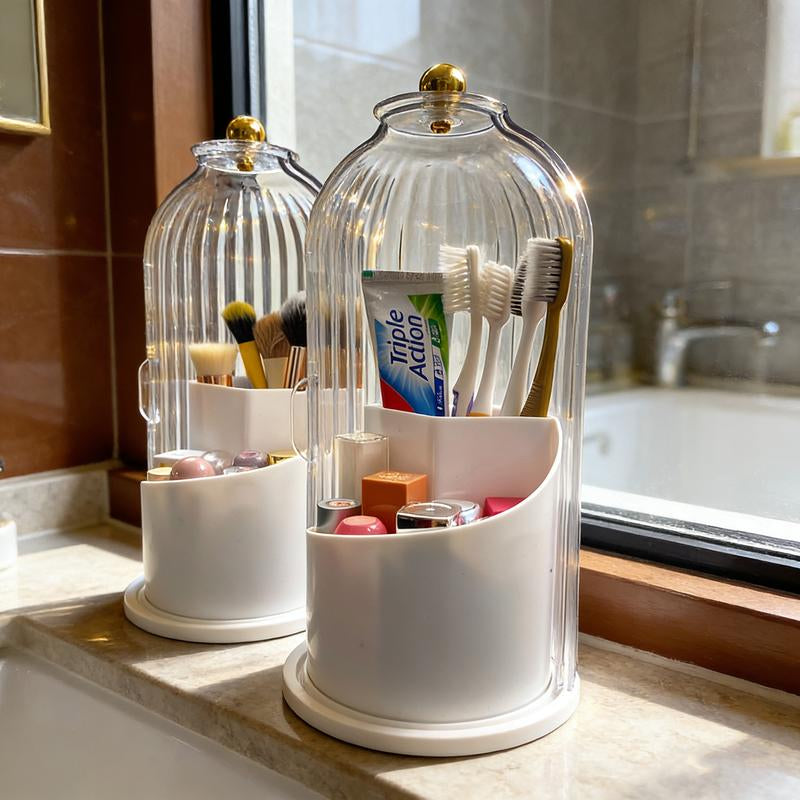 Stylish 3-Slot Toothbrush Holder with Sliding Lid – Modern Bathroom Organizer for Electric Toothbrushes, Toothpaste & Makeup Brushes, 360° Rotating Vanity Storage, Perfect Gift for Any Occasion